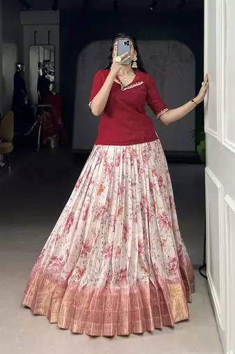 White Cotton Zari Weaving Work Chaniya Choli  - Full Stitched Free Size