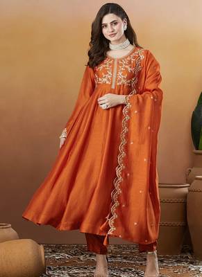Women's Beautiful Vichitra Silk Fabric Embroidery Work Flared Anarkali Pant and Dupatta Set 1