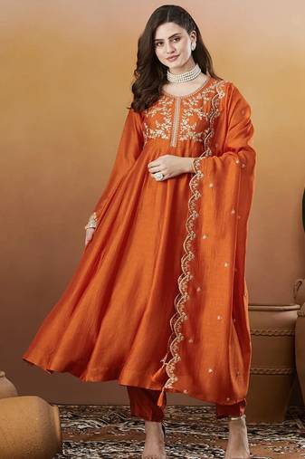 Women's Beautiful Vichitra Silk Fabric Embroidery Work Flared Anarkali Pant and Dupatta Set