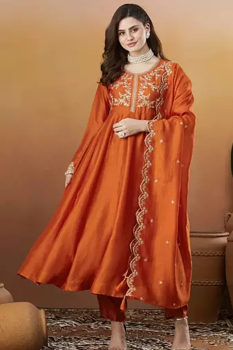 Women's Beautiful Vichitra Silk Fabric Embroidery Work Flared Anarkali Pant and Dupatta Set