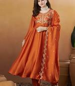 Women's Beautiful Vichitra Silk Fabric Embroidery Work Flared Anarkali Pant and Dupatta Set