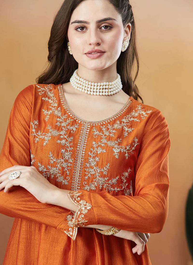 Women's Beautiful Vichitra Silk Fabric Embroidery Work Flared Anarkali Pant and Dupatta Set