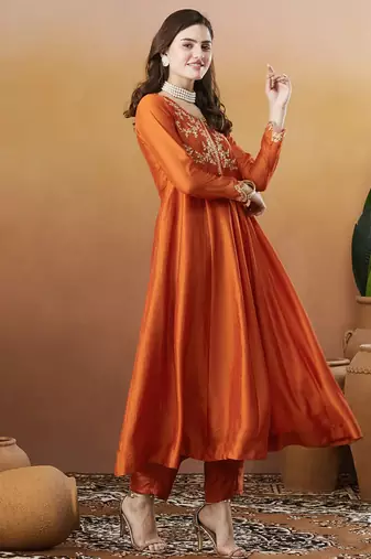 Women's Beautiful Vichitra Silk Fabric Embroidery Work Flared Anarkali Pant and Dupatta Set