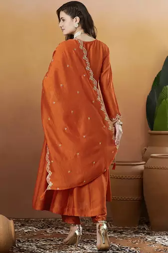 Women's Beautiful Vichitra Silk Fabric Embroidery Work Flared Anarkali Pant and Dupatta Set