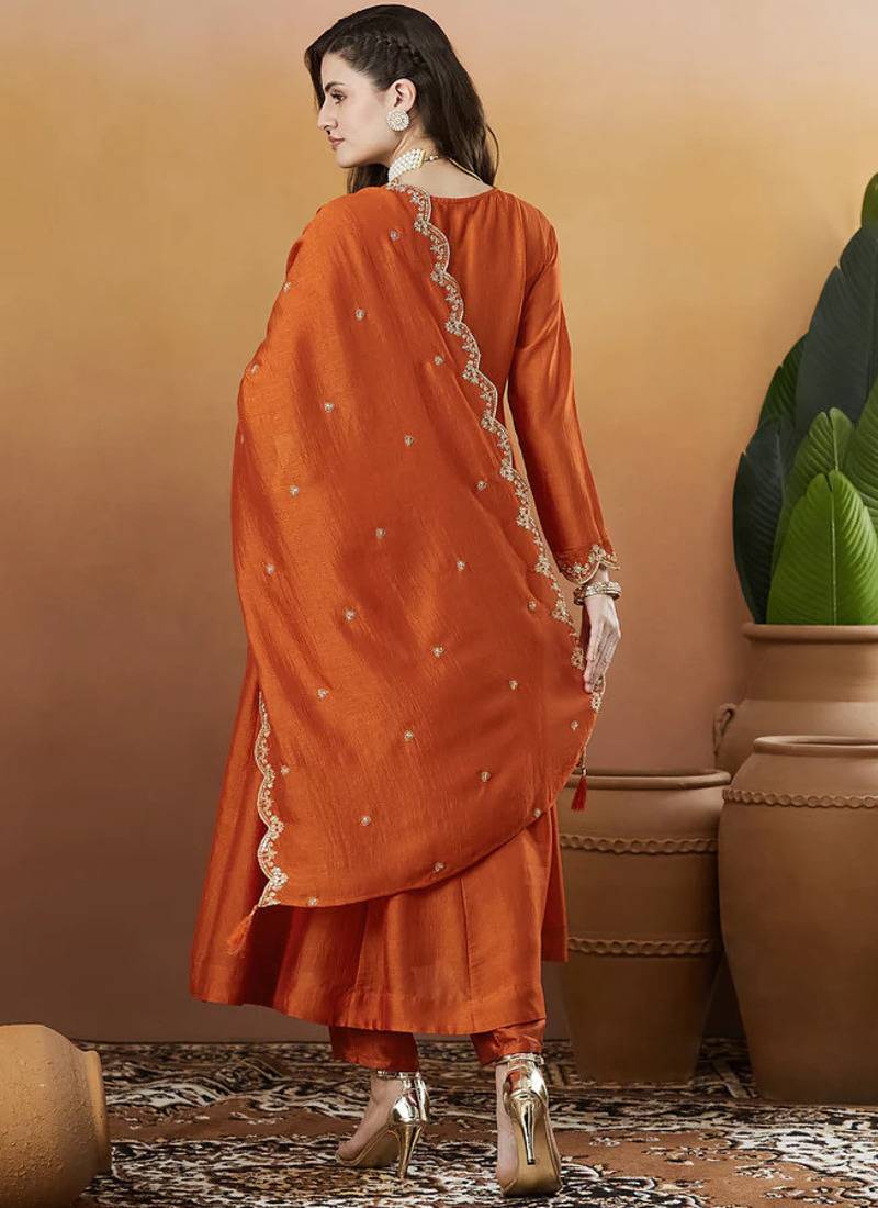 Women's Beautiful Vichitra Silk Fabric Embroidery Work Flared Anarkali Pant and Dupatta Set