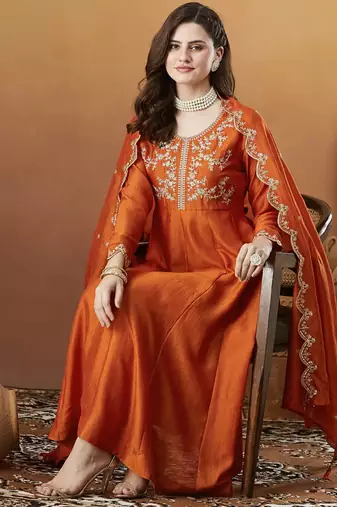 Women's Beautiful Vichitra Silk Fabric Embroidery Work Flared Anarkali Pant and Dupatta Set