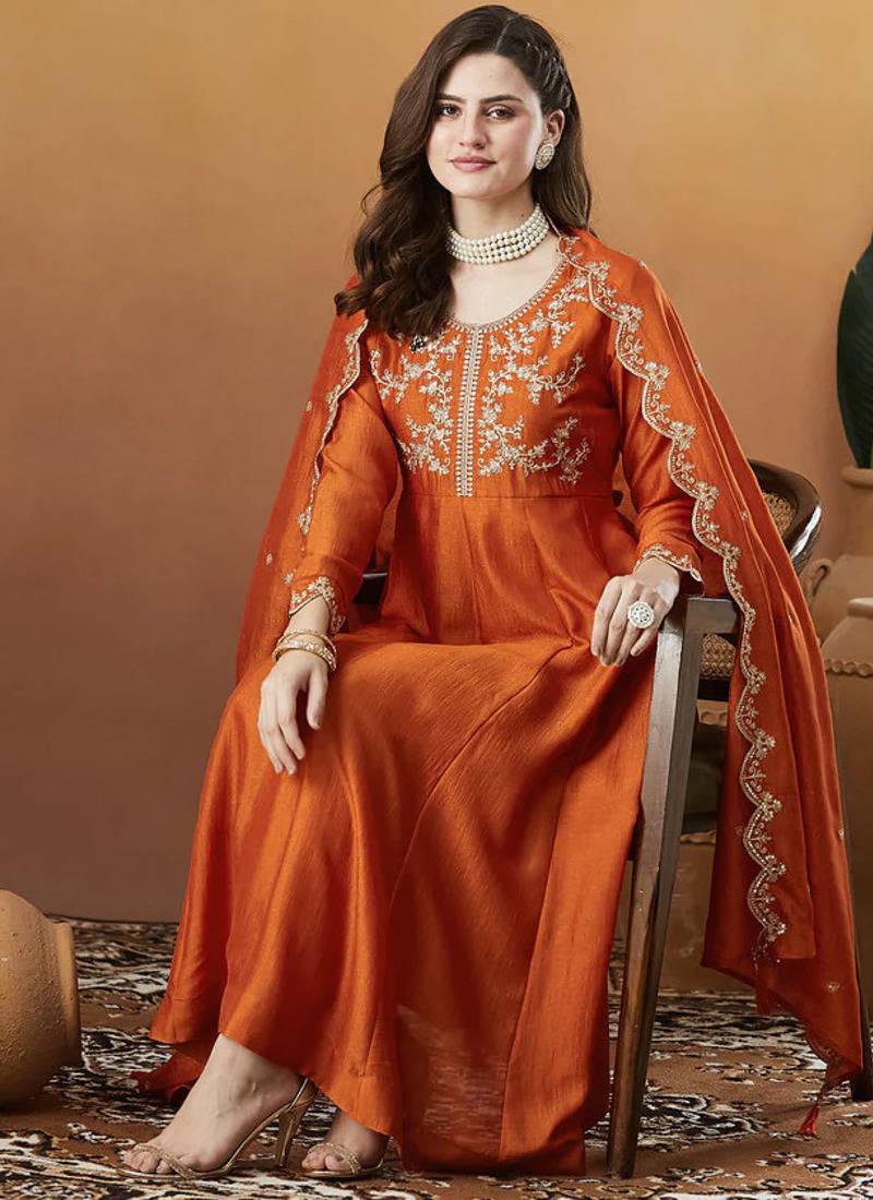 Women's Beautiful Vichitra Silk Fabric Embroidery Work Flared Anarkali Pant and Dupatta Set