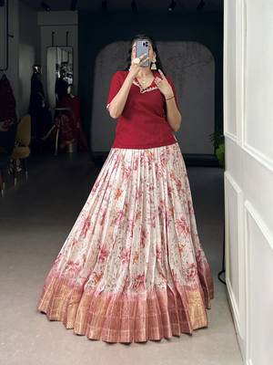 White Cotton Zari Weaving Work Chaniya Choli  - Full Stitched Free Size 4
