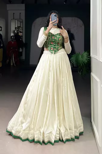 White Vichitra Silk Zari Weaving Work Chaniya Choli  - Full Stitched Free Size