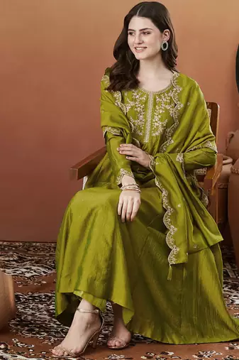 Women's Beautiful Vichitra Silk Fabric Embroidery Work Flared Anarkali Pant and Dupatta Set