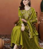 Women's Beautiful Vichitra Silk Fabric Embroidery Work Flared Anarkali Pant and Dupatta Set