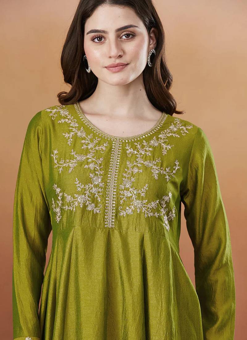 Women's Beautiful Vichitra Silk Fabric Embroidery Work Flared Anarkali Pant and Dupatta Set