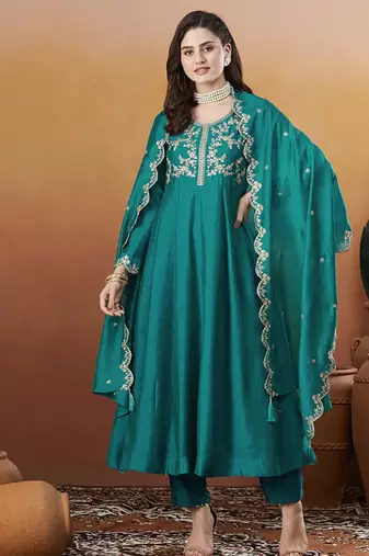 Women's Beautiful Vichitra Silk Fabric Embroidery Work Flared Anarkali Pant and Dupatta Set