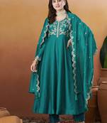 Women's Beautiful Vichitra Silk Fabric Embroidery Work Flared Anarkali Pant and Dupatta Set