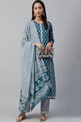 Women's floral printed rayon kurta set with printed dupatta