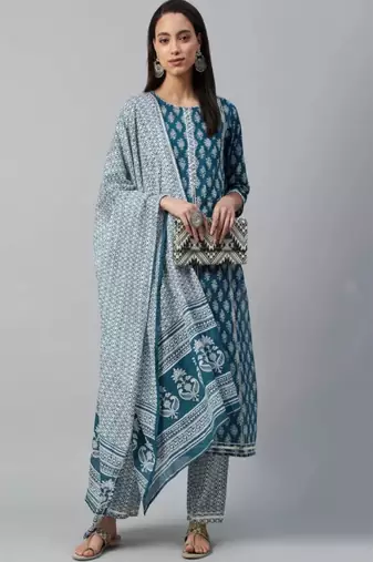 Women's floral printed rayon kurta set with printed dupatta
