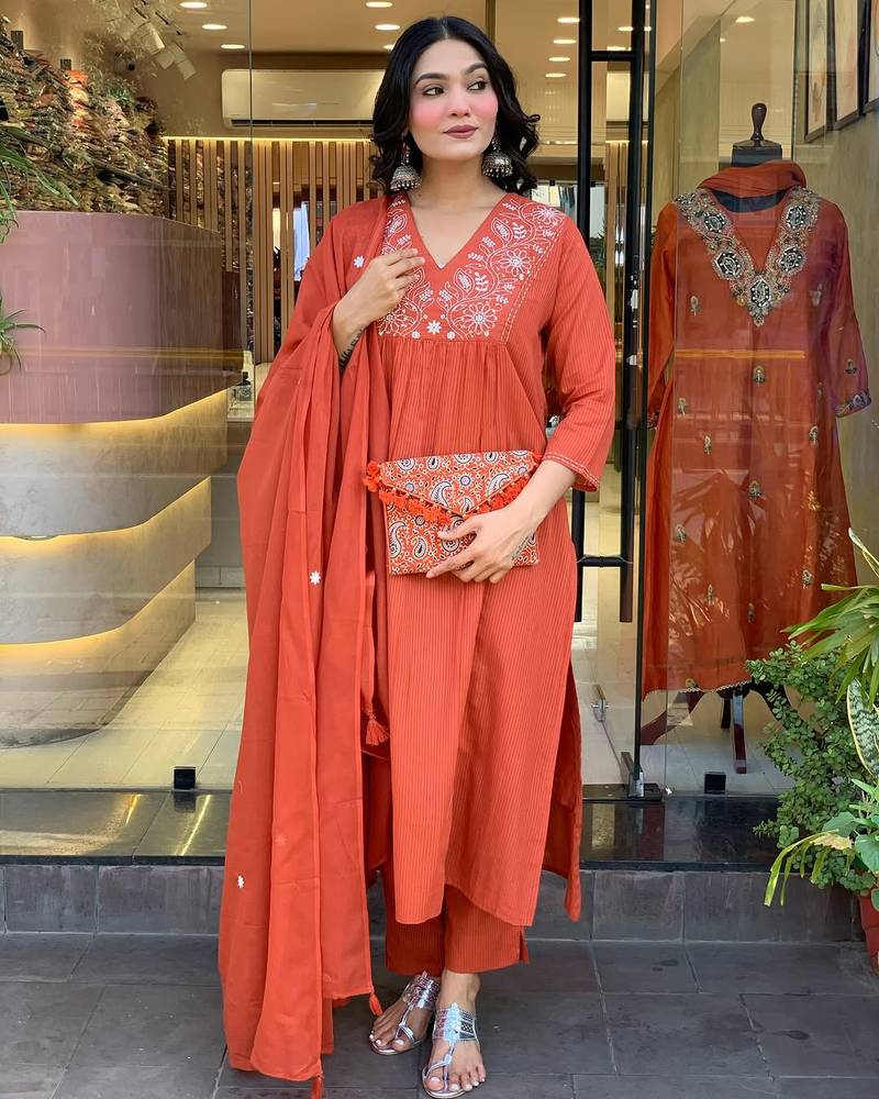 Women's Gorgeous Rayon Fabric Embroidery Work Straight Kurta Pant and Dupatta Set