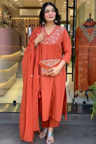 Women's Gorgeous Rayon Fabric Embroidery Work Straight Kurta Pant and Dupatta Set