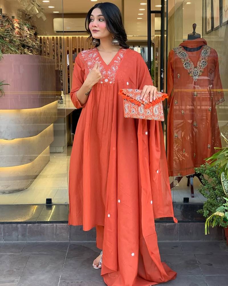 Women's Gorgeous Rayon Fabric Embroidery Work Straight Kurta Pant and Dupatta Set