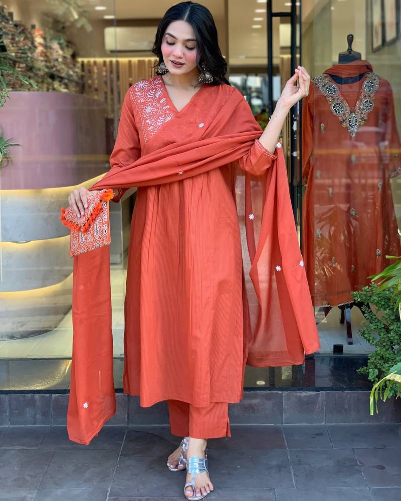 Women's Gorgeous Rayon Fabric Embroidery Work Straight Kurta Pant and Dupatta Set