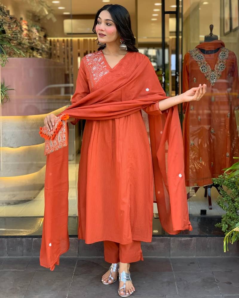 Women's Gorgeous Rayon Fabric Embroidery Work Straight Kurta Pant and Dupatta Set