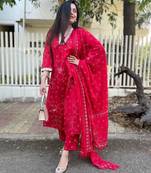 Women's Beautiful Rayon Fabric Printed Work Straight Kurta Pant and Dupatta Set