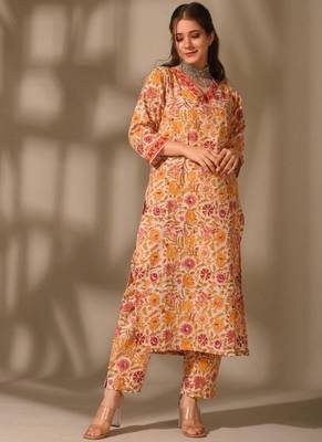 Floral printed v neck rayon kurta set for women 1