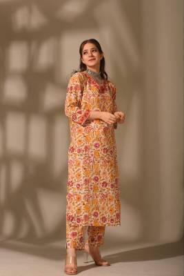 Floral printed v neck rayon kurta set for women 4