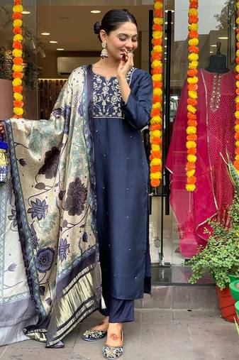 Women's Beautiful Viscose Chanderi Fabric Embroidery Work Straight Kurta Pant and Dupatta Set