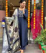  Viscose Chanderi Embroidery Work Straight Kurta Pant and Dupatta Set