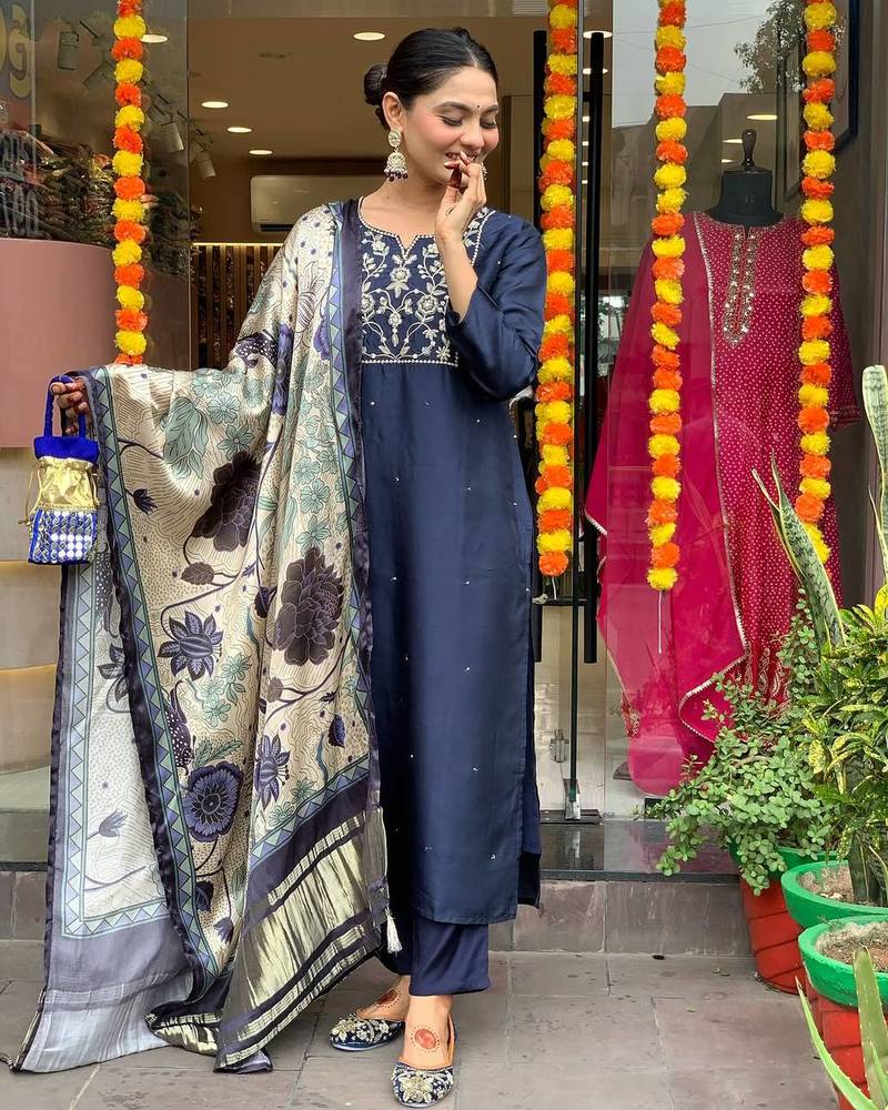 Women's Beautiful Viscose Chanderi Fabric Embroidery Work Straight Kurta Pant and Dupatta Set