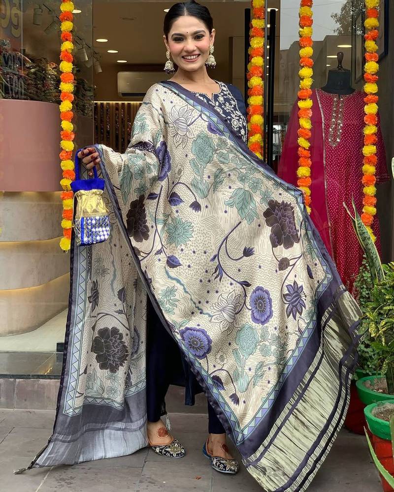 Women's Beautiful Viscose Chanderi Fabric Embroidery Work Straight Kurta Pant and Dupatta Set