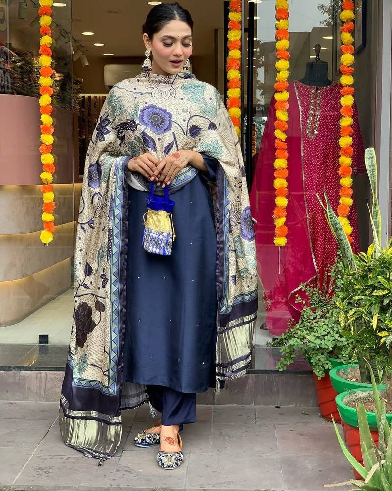 Women's Beautiful Viscose Chanderi Fabric Embroidery Work Straight Kurta Pant and Dupatta Set