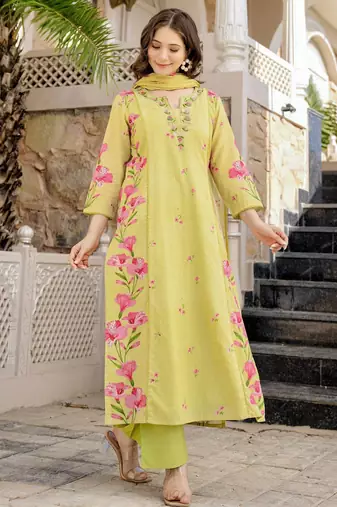 Women's Beautiful Chanderi Fabric Printed Work Straight Kurta Pant and Dupatta Set