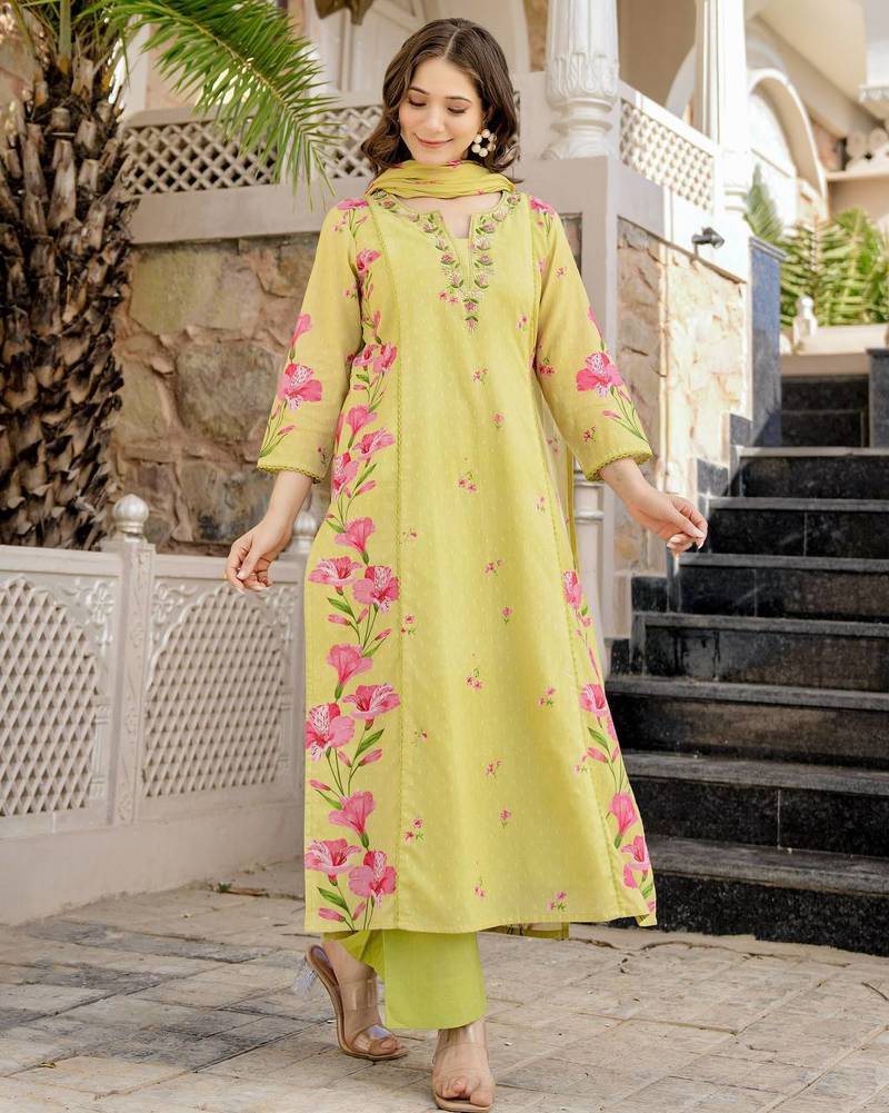 Women's Beautiful Chanderi Fabric Printed Work Straight Kurta Pant and Dupatta Set