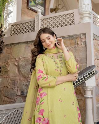  Chanderi Printed Work Straight Kurta Pant and Dupatta Set 2