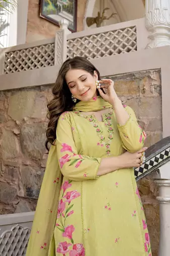  Chanderi Printed Work Straight Kurta Pant and Dupatta Set