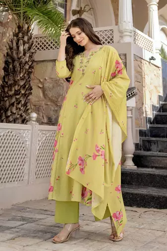  Chanderi Printed Work Straight Kurta Pant and Dupatta Set