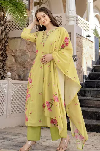  Chanderi Printed Work Straight Kurta Pant and Dupatta Set
