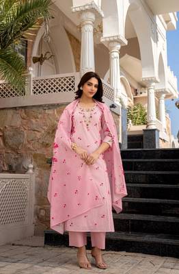  Chanderi Printed Work Straight Kurta Pant and Dupatta Set 1