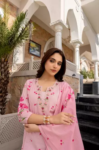  Chanderi Printed Work Straight Kurta Pant and Dupatta Set