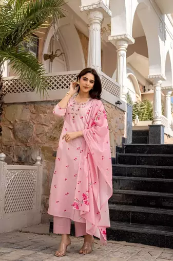  Chanderi Printed Work Straight Kurta Pant and Dupatta Set