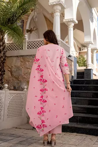  Chanderi Printed Work Straight Kurta Pant and Dupatta Set