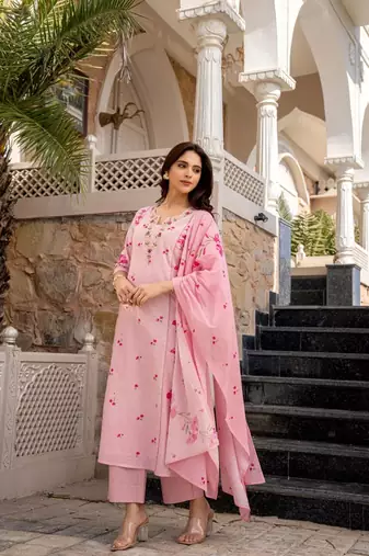  Chanderi Printed Work Straight Kurta Pant and Dupatta Set