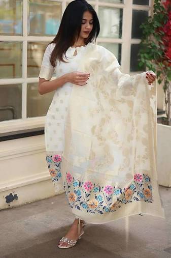 Women's Beautiful Viscose Jacquard Fabric Printed Work Straight Kurta Pant and Dupatta Set