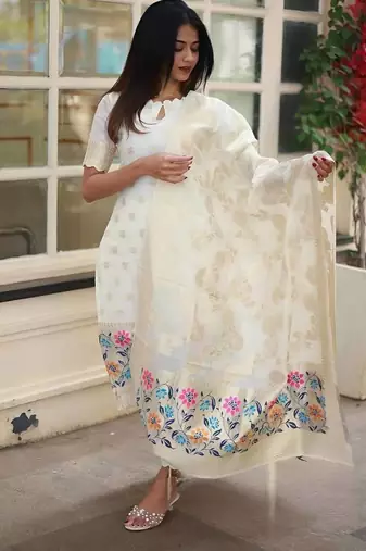 Women's Beautiful Viscose Jacquard Fabric Printed Work Straight Kurta Pant and Dupatta Set