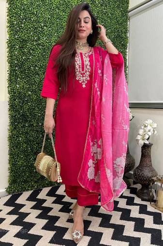 Women's Beautiful Viscose Chanderi Fabric Embroidery Work Straight Kurta Pant and Dupatta Set