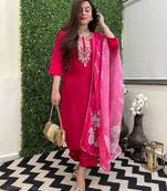 Women's Beautiful Viscose Chanderi Fabric Embroidery Work Straight Kurta Pant and Dupatta Set