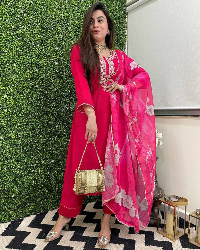 Women's Beautiful Viscose Chanderi Fabric Embroidery Work Straight Kurta Pant and Dupatta Set