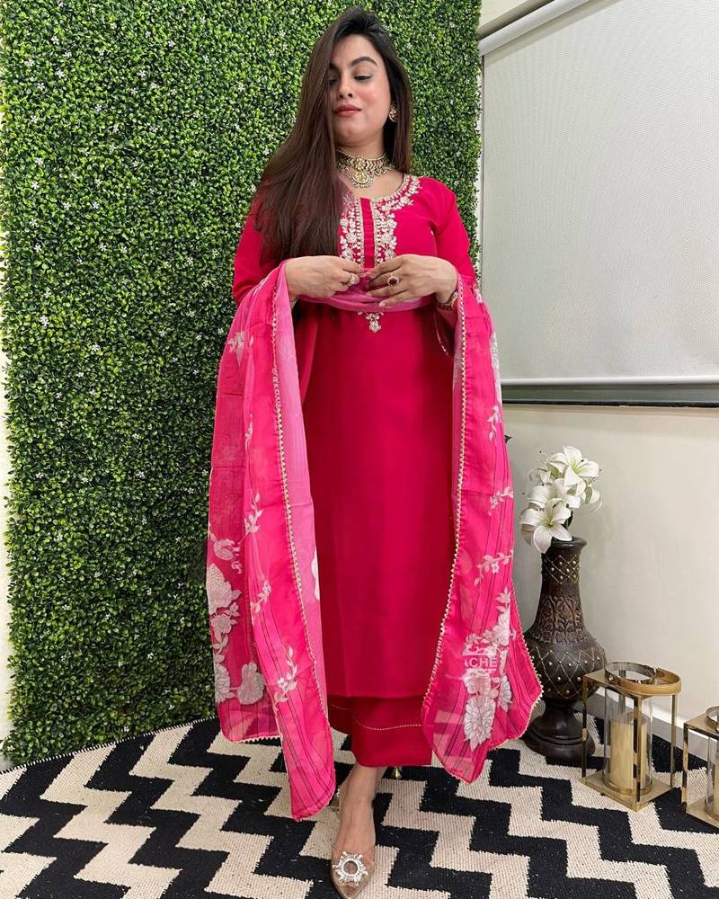 Women's Beautiful Viscose Chanderi Fabric Embroidery Work Straight Kurta Pant and Dupatta Set